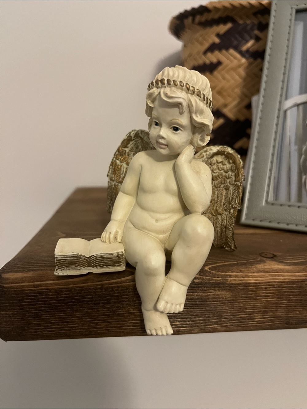 Cherub Angel Figurine with Book - Ivory and Gold Accents